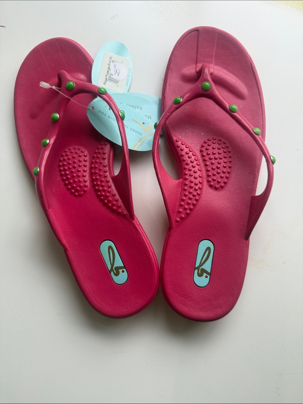 OKA b. Pink Flip Flop Sandals with Green Studs ML